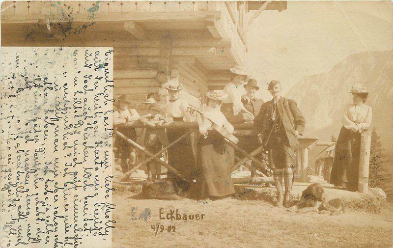 Alpine Lodge Group photo Guitar 1902 Germany RPPC Photo Postcard 12790