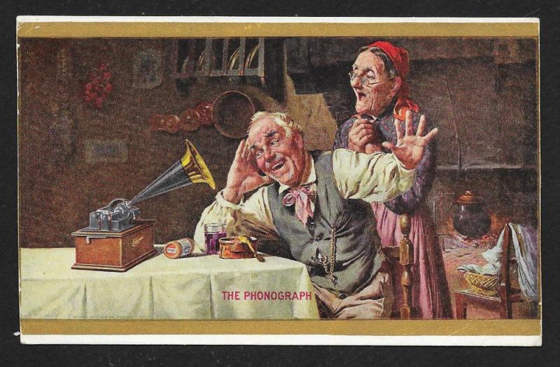 VICTORIAN TRADE CARD The Phonograph Edison Old Couple
