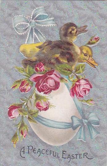 Easter Young Ducks With Roses Sitting On Easter Egg 1909