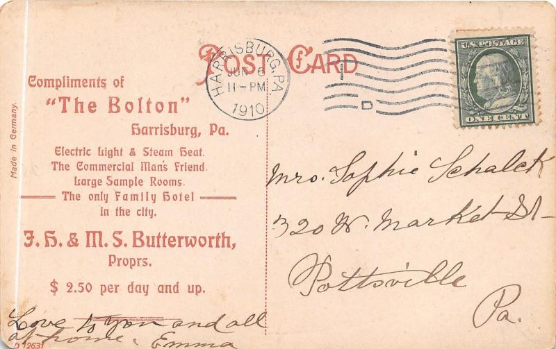 Harrisburg Pennsylvania~The Bolton Hotel~Info & Rates on Back~1910 Postcard