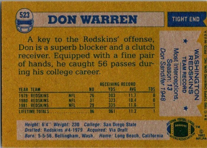 1982 Topps Football Card Don Warren Washington Redskins sk8976
