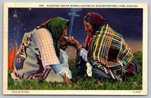 Montana  Glacier National Park   Blackfeet Women Lighting Pipe   Postcard