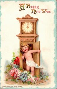 Baby New Year in Grandfather Clock Case Frances Brundage Vintage Postcard M13