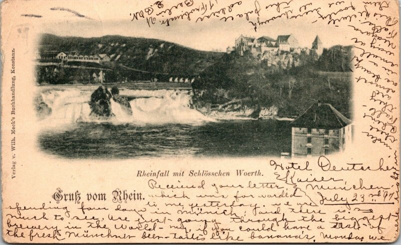 Greetings from Rhein Waterfalls Woerth Castle Germany Postcard Verlag v Meek's