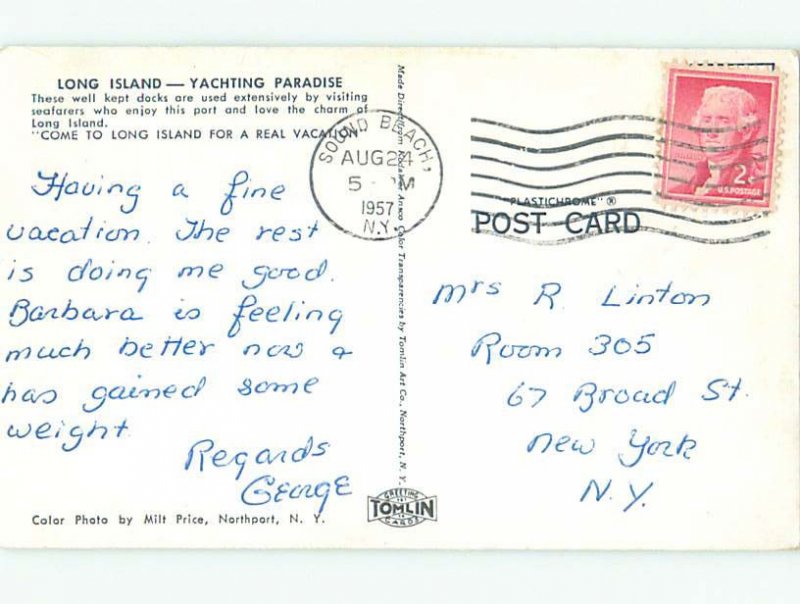 Pre-1980 LONG ISLAND YACHTING Postmarked Sound Beach by Port Jefferson NY AF4261