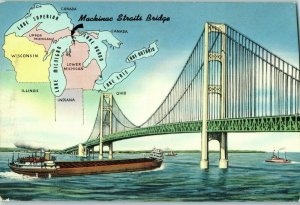 Bridges Postcard Mackinac Straits Bridge w/ Upper Michigan Map