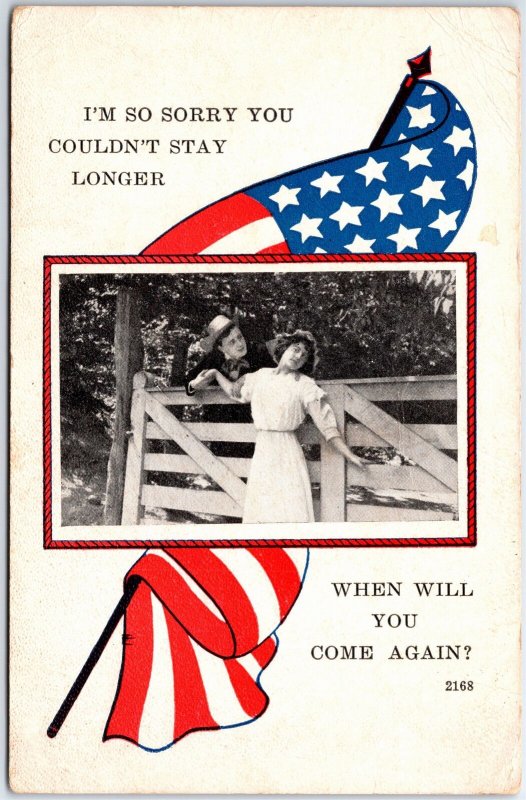 VINTAGE POSTCARD PATRIOTIC FLAG ROMANTIC COUPLE AT GATE MINI-IMAGE c. 1910-14
