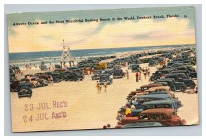 Vintage 1947 Linen Postcard Bathing Beach Antique Cars Daytona Beach Florida