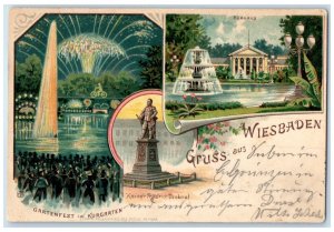 1901 Greetings from Wiesbaden Germany Kaiser Friedrich Statue Multiview Postcard