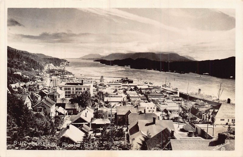 KETCHIKAN ALASKA-S E BIRDS EYE VIEW-FISHING BOATS DOCK~1940s REAL PHOTO POSTCARD