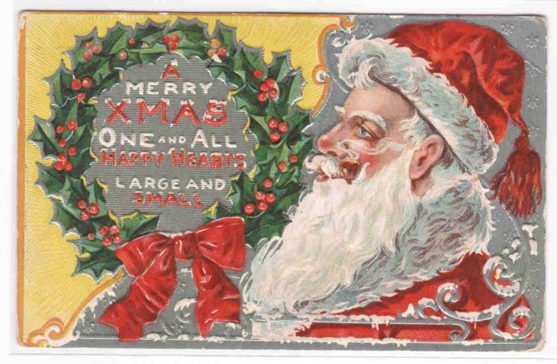 Santa Large Image Holly Wreath Christmas 1910c postcard