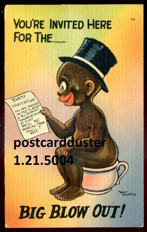 h3220 - HUMOR Postcard 1940s Artist- Walt MUNSON Derogatory Black Kid