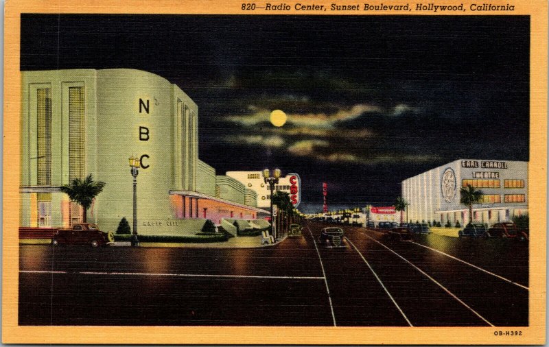 Vtg 1940s Radio Center Sunset Boulevard Hollywood California CA Linen Postcard