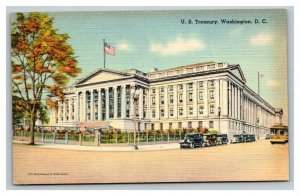 Vintage 1930's Postcard US Treasury Building Antique Autos Washington DC