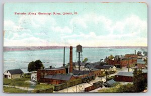 Quincy Illinois~Factories Along Mississippi River~Railroad Cars~Water Tower~1910