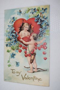 To My Valentine Embossed Postcard Cupid Hearts Blue Flowers 327
