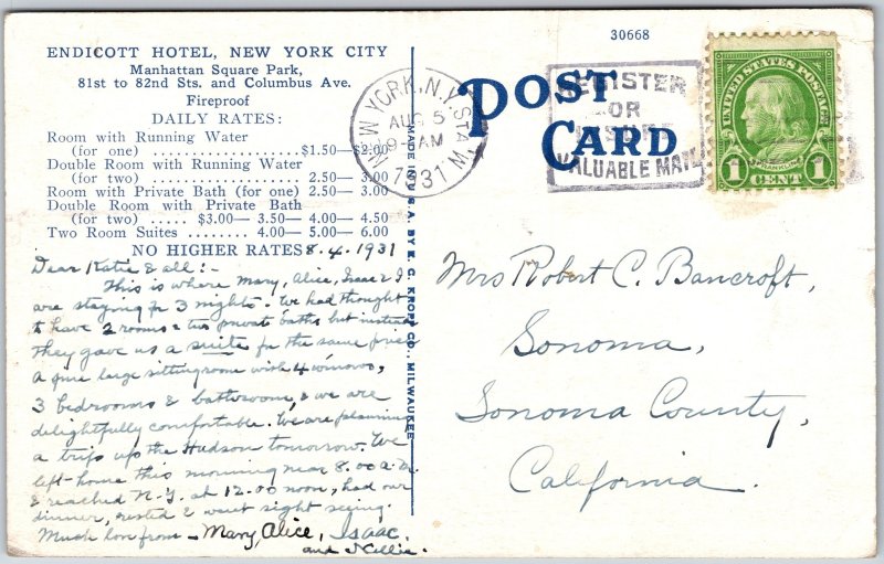 New York City NY, 1931 Hotel Endicott Sun Parlor, Interior, Plants, Postcard