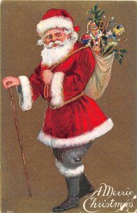 F98/ Santa Claus Christmas Postcard c1910 Cane Toy Sack  Holly 29