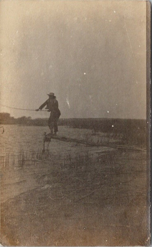 Fisherman Person Fishing off Dock Angling Unknown Loc. Unused RPPC Postcard F22