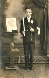 Bible Catholic Boy 1911 Religion Crucifix Interior RPPC real photo postcard 5301