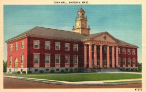 Vintage Postcard 1930's Town Hall Historical Building Wareham Massachusetts MA