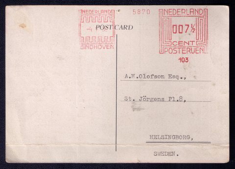 24.5.38 Postcard Netherlands Machine cancel Happy Station P.C.J.s Aeria...