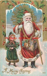 Christmas, Unknown No 3523-1, Red Suit Santa with Toys & Tree, Girl with Holly