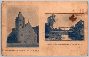 Oakland Iowa c1905 Postcard Congregational Church and Nishnabotna River Bridge