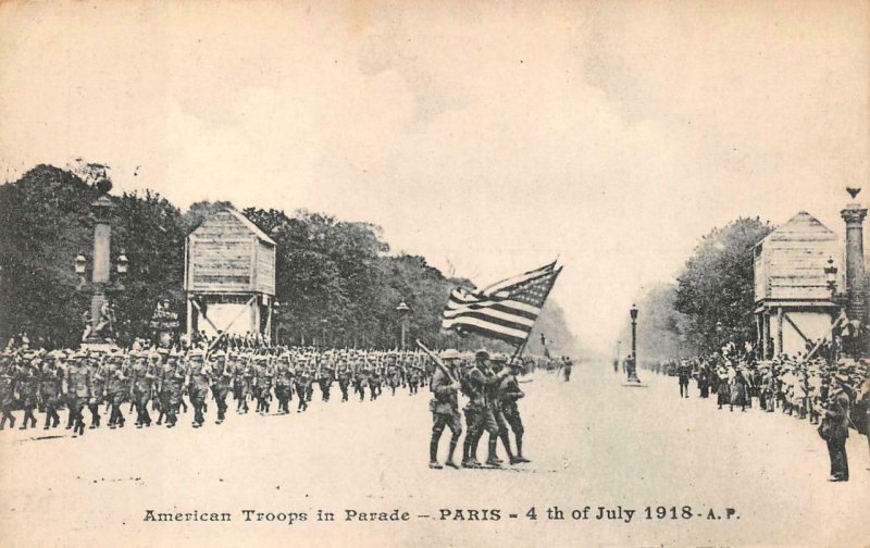 AMERICAN TROOPS JULY 4TH PARADE FRANCE RED CROSS WW1 MILITARY POSTCARD WNC 390