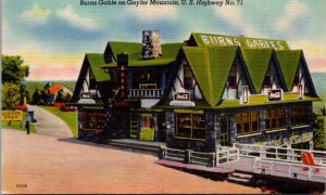 Linen Postcard Burns Gable on Gaylor Mountain U.S. Highway No. 71 Novelty Motel