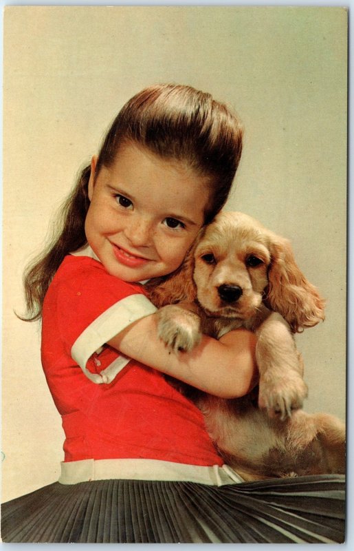 c1960s Adorable Little Girl Hugs Dog Cocker Spaniel Puppy Pet Pup Child PC A231