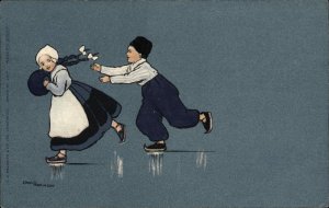 Ethel Parkinson Folk Art Dutch Children Ice Skating c1910 Vintage Postcard