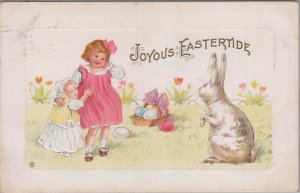 Postcard Joyous Eastertide Little girls with Easter Bunny and Eggs 1913