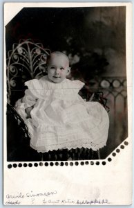 ID'd c1910s IA Cute Baby Boy Large Dress RPPC Smile Real Photo Simonsen A129