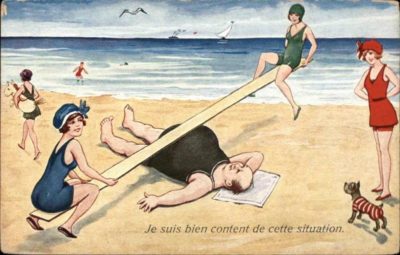 Bathing Beauty Woman See-Saw on Man's Fat Belly c1915 Postcard