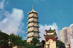 VINTAGE CONTINENTAL SIZE POSTCARD TIGER GARDENS SEVEN STORIED PAGODA HONG KONG