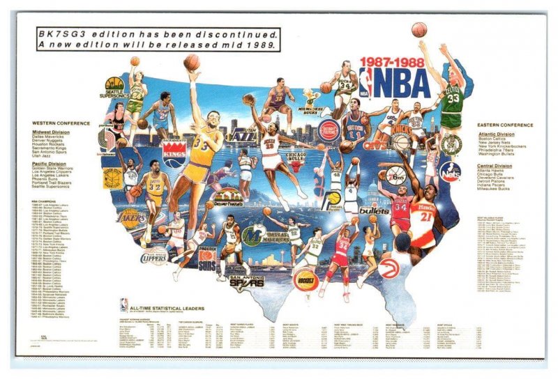 1987-1988 NBA BASKETBALL Season - U.S. MAP Teams & Player Stats 4x6  Postcard