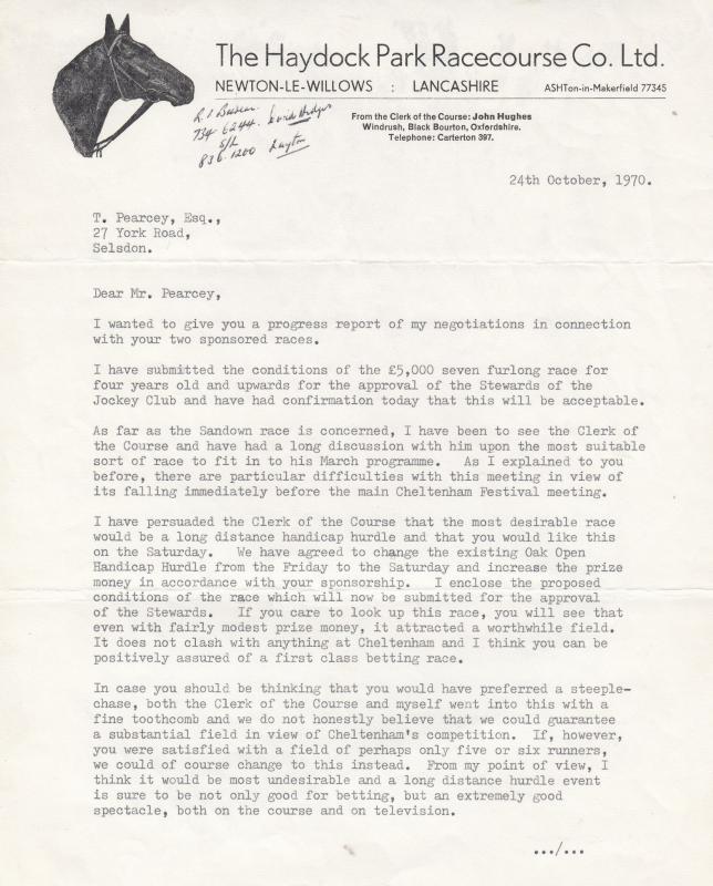 Haydock Park Racecourse 1970 Steeplechase Director Negotations Letter