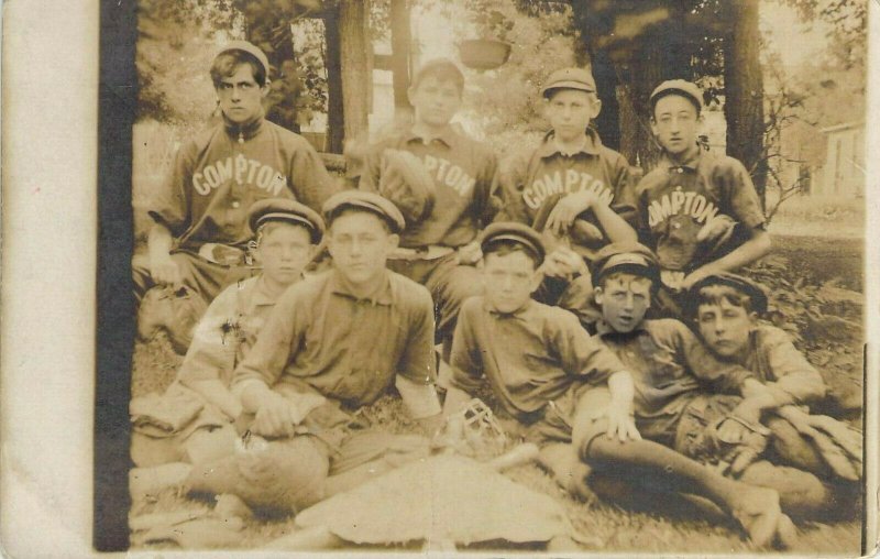 Boys Wearing Compton (CA?) Baseball Uniforms Real Photo Postcard. Gloves Bat 