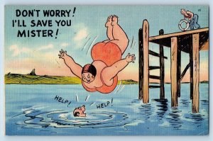 Humor Postcard Fat Woman Diving Don't Worry I'll Save You Mister c1930's Vintage