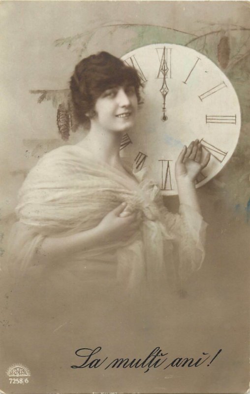 Romania la multi ani new year clock fancy lady glamour early postcard