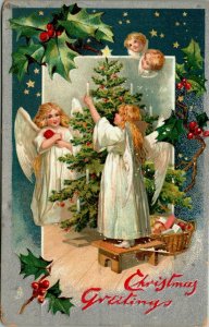 Christmas Greetings Tuck's Postcards 136, Angels decorating Tree, Night Stars