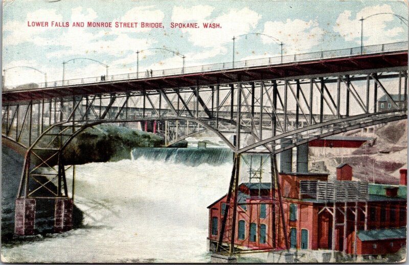 Postcard Lower Falls and Monroe Street Bridge in Spokane, Washington~3457 