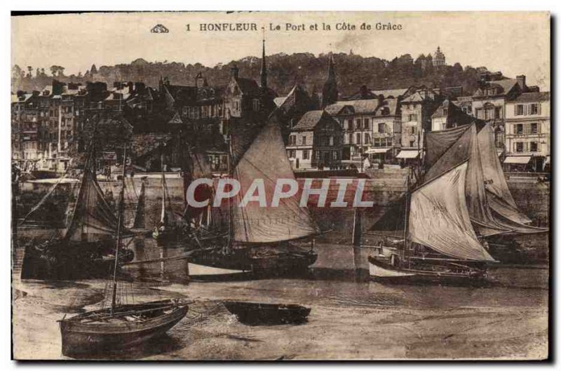 Old Postcard Honfleur Harbor and the Cote de Grace Yacht