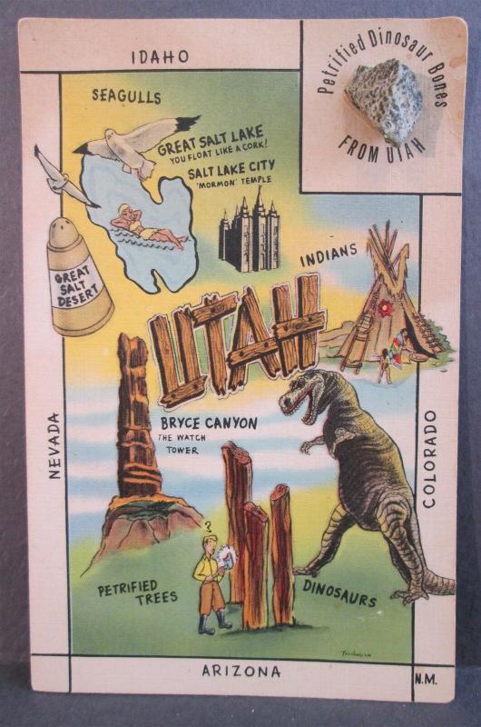 Postcard UT Utah Map Real Petrified Dinosaur Bone Attachment T-Rex c1940s Z1