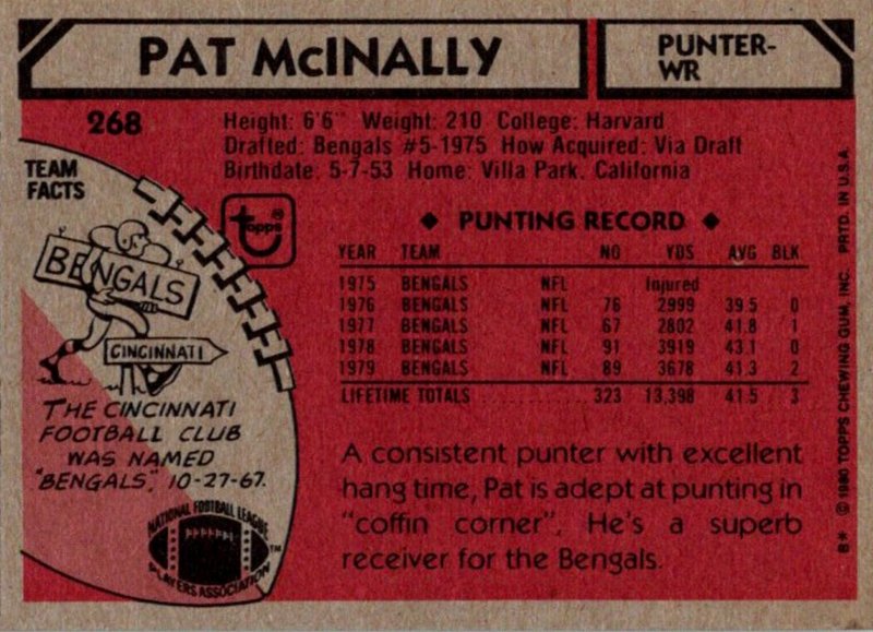 1980 Topps Football Card Pat McInally P-WR Cincinnati Bengals sun0429