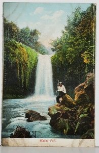 Portugal Water Fall  Man Sitting on Rock Antique Postcard K1