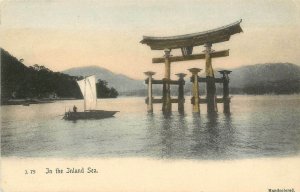 c1907 Hand-Colored Postcard; Boat by Torii Gate, In the Inland Sea, Japan