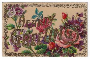 Vintage Hearty Greetings Postcard, Pretty Flowers, Gel Finish, 1911 