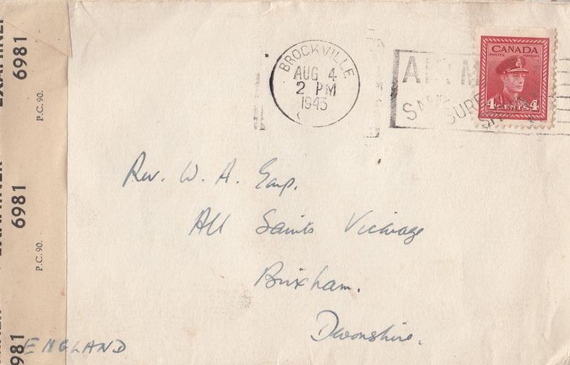 Brockville Canada WW2 1943 Examined By Censor War Stamp Envelope Cover